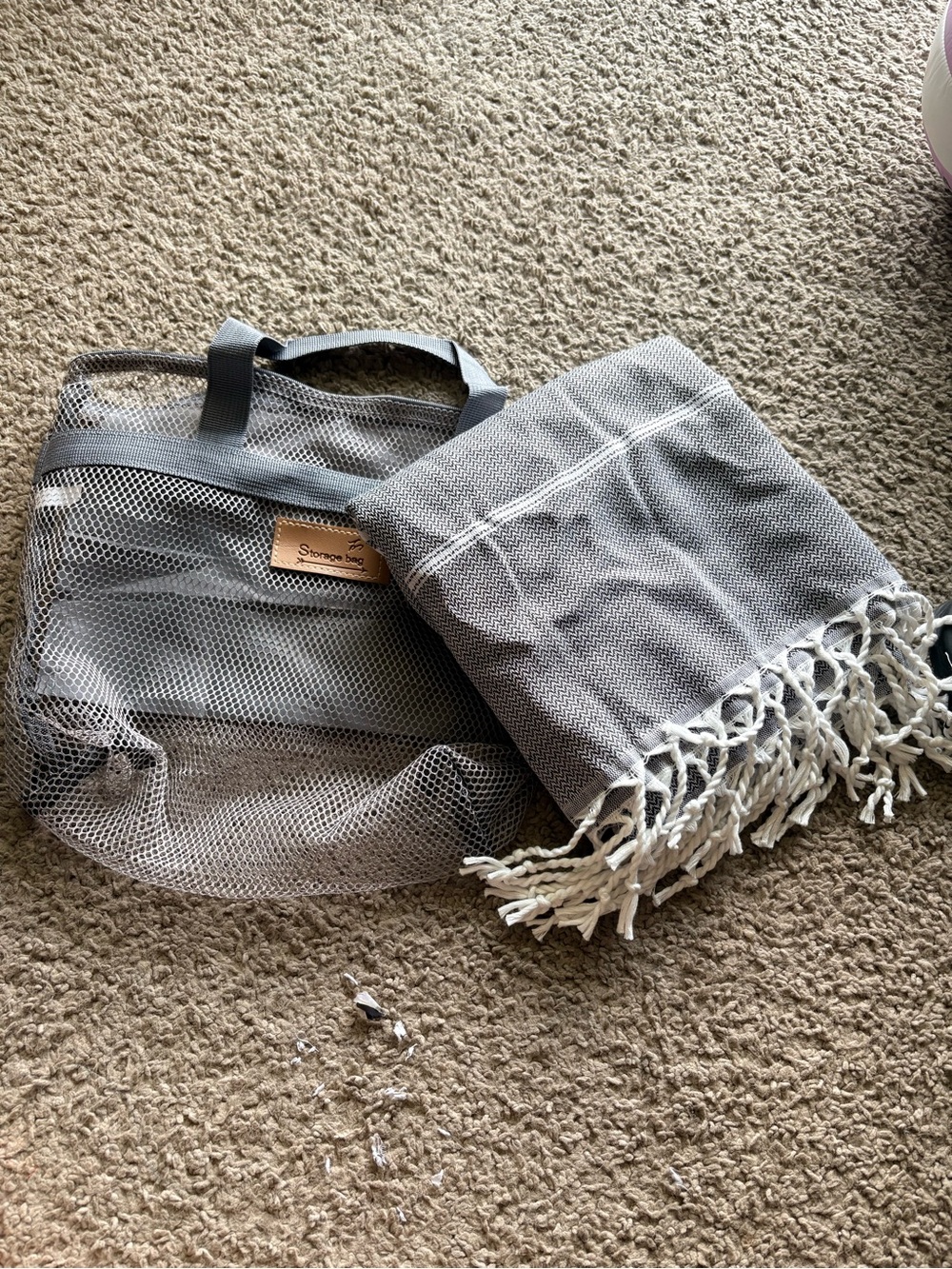 BRAND NEW Grey Mesh Beach Tote with Fringe Cotton Throw